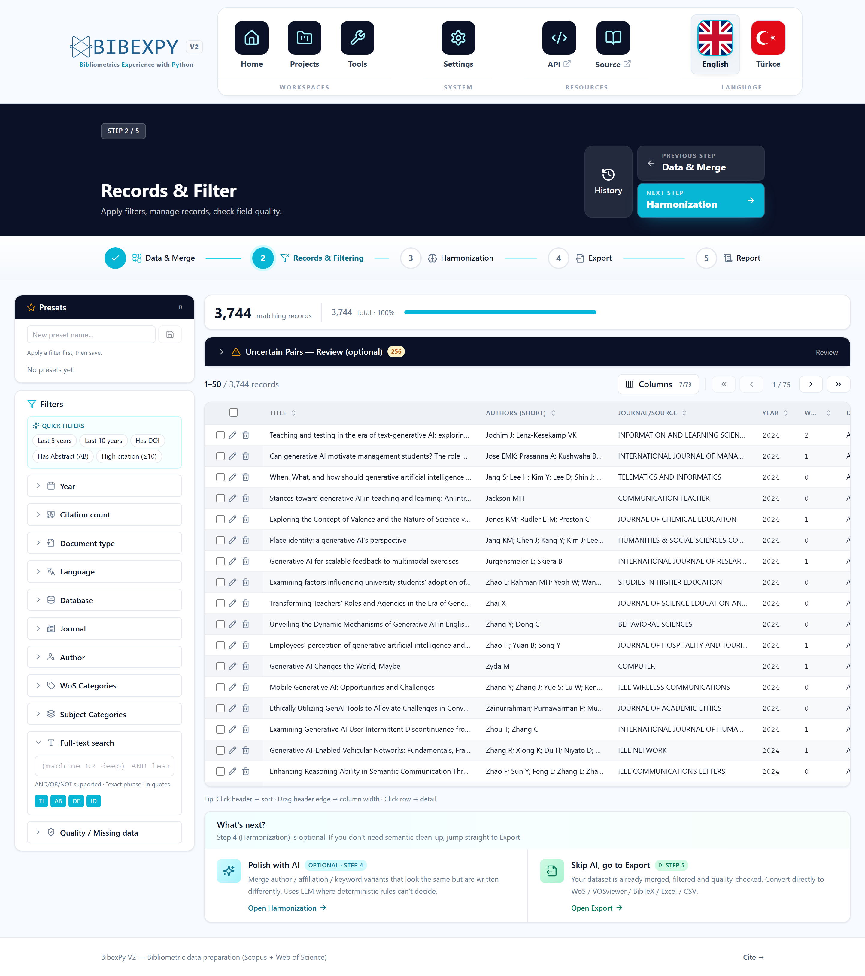 BibexPy — Records & Filtering screen