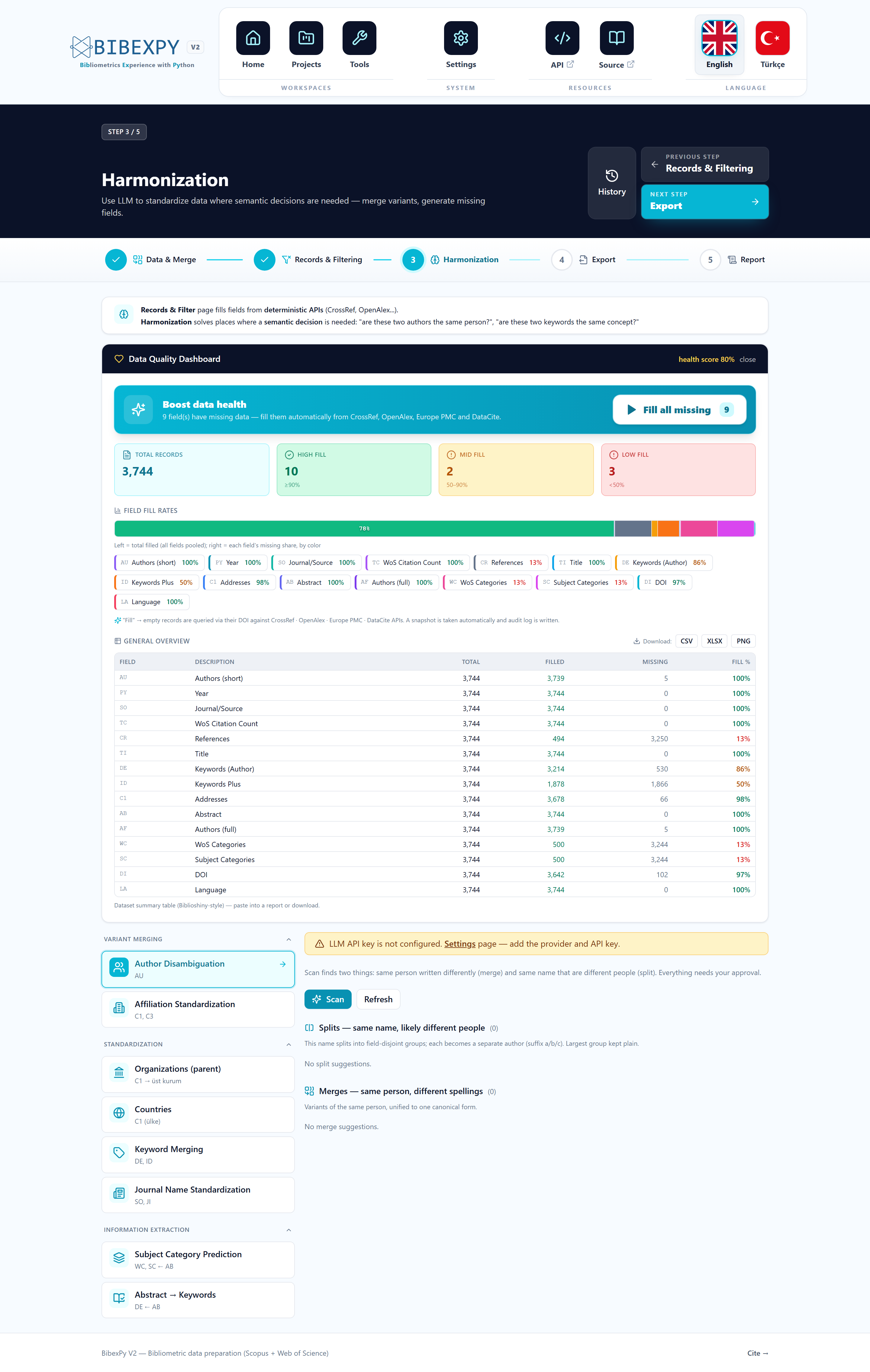 BibexPy — Harmonization screen
