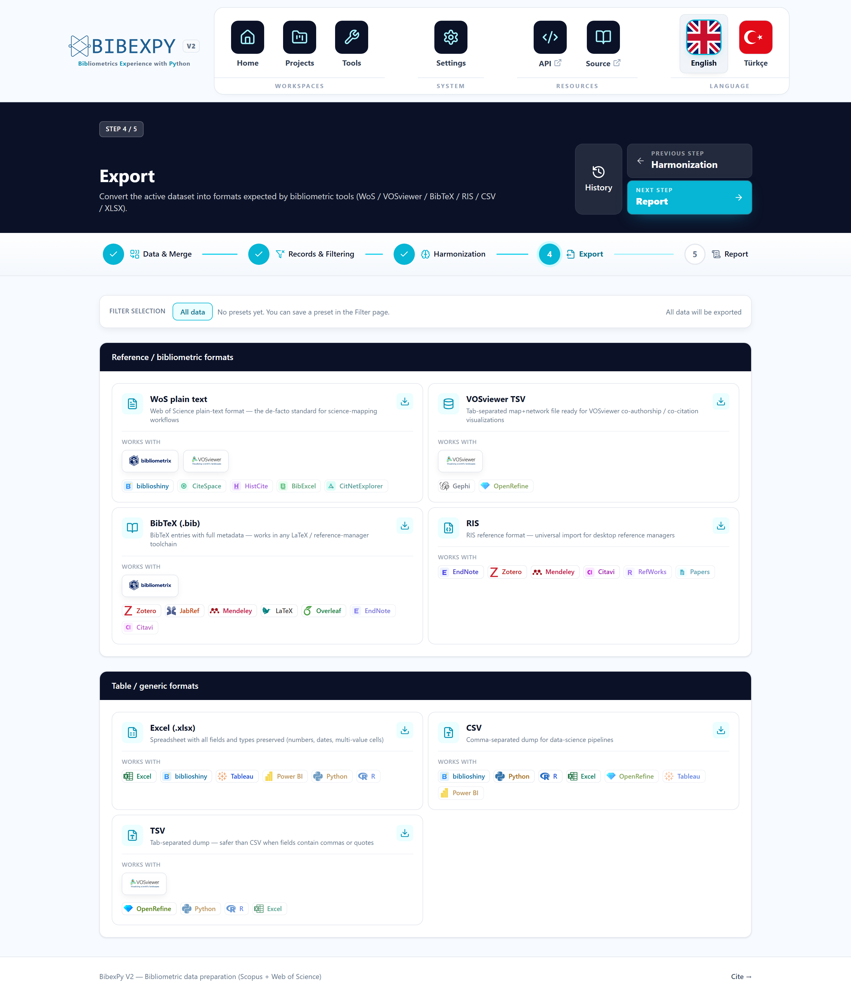 BibexPy — Export screen